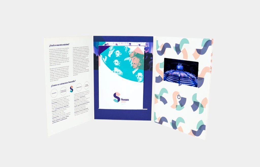 Tri-fold video brochure with pocket